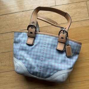 Coach Plaid Blue Pink and White Leather Tote Bag